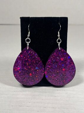 Purple Glitter Resin Dangle Earrings Teardrop